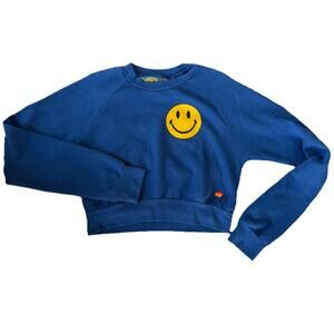 Aviator Nation Smiley Face Cropped Crew Pullover Crop Sweater Royal Blue Size M
